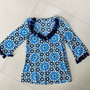 MUDPIE Kendall Pool Tile Blue White Tassle Cover Up Top Pullover, Small 4-6
